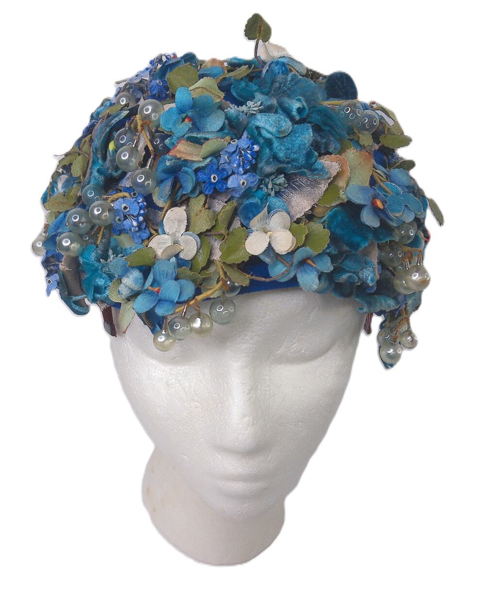 Vintage Jack McConnell Beret Hat Blue Multicolor Floral Bead 1950s Retro